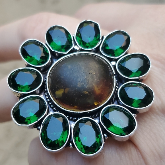New Stunning Amber & Diopside 925 Silver Statement Ring. - Picture 6 of 15